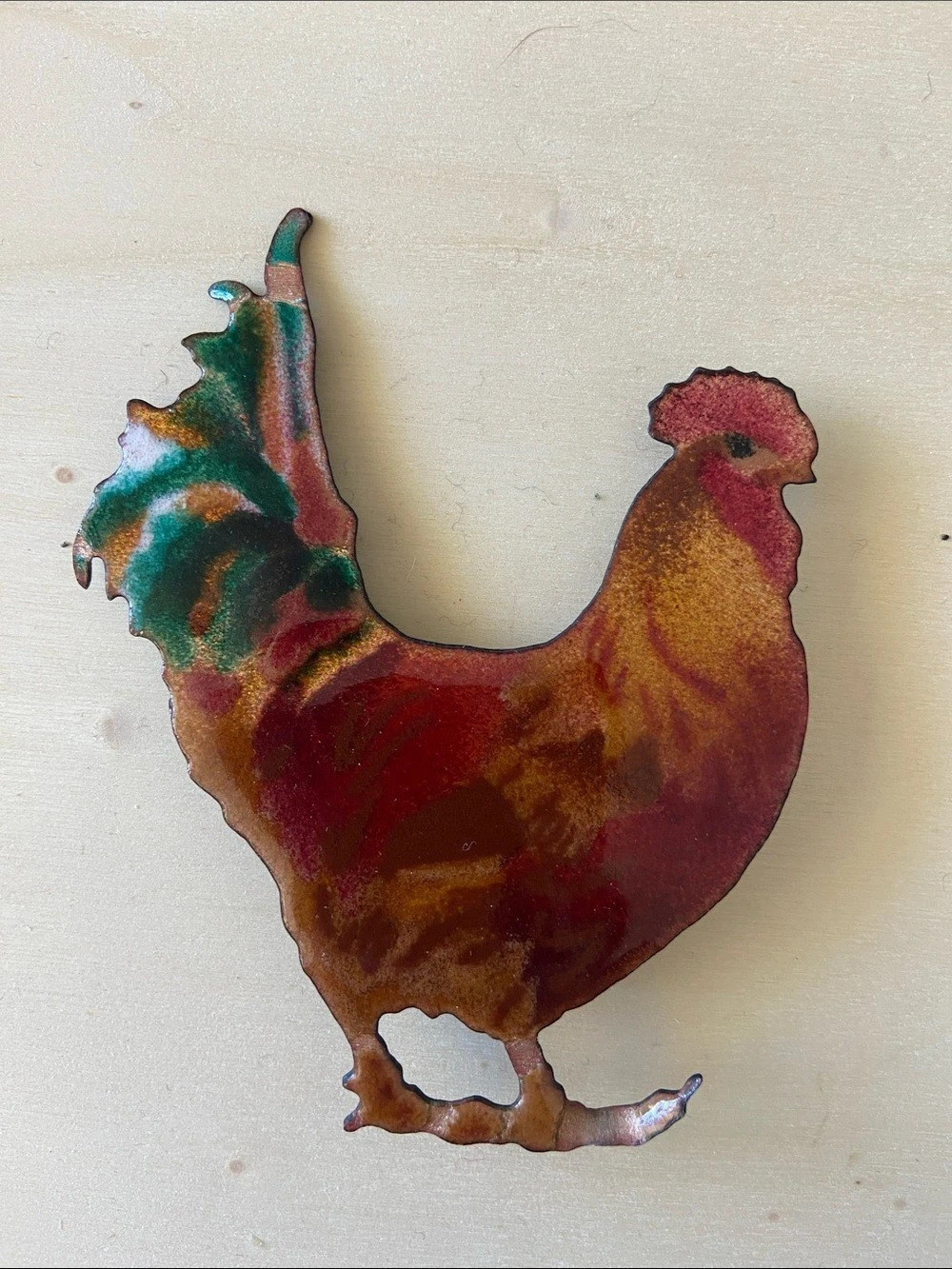 Rooster Brooch in Red & Green Enamel as is
